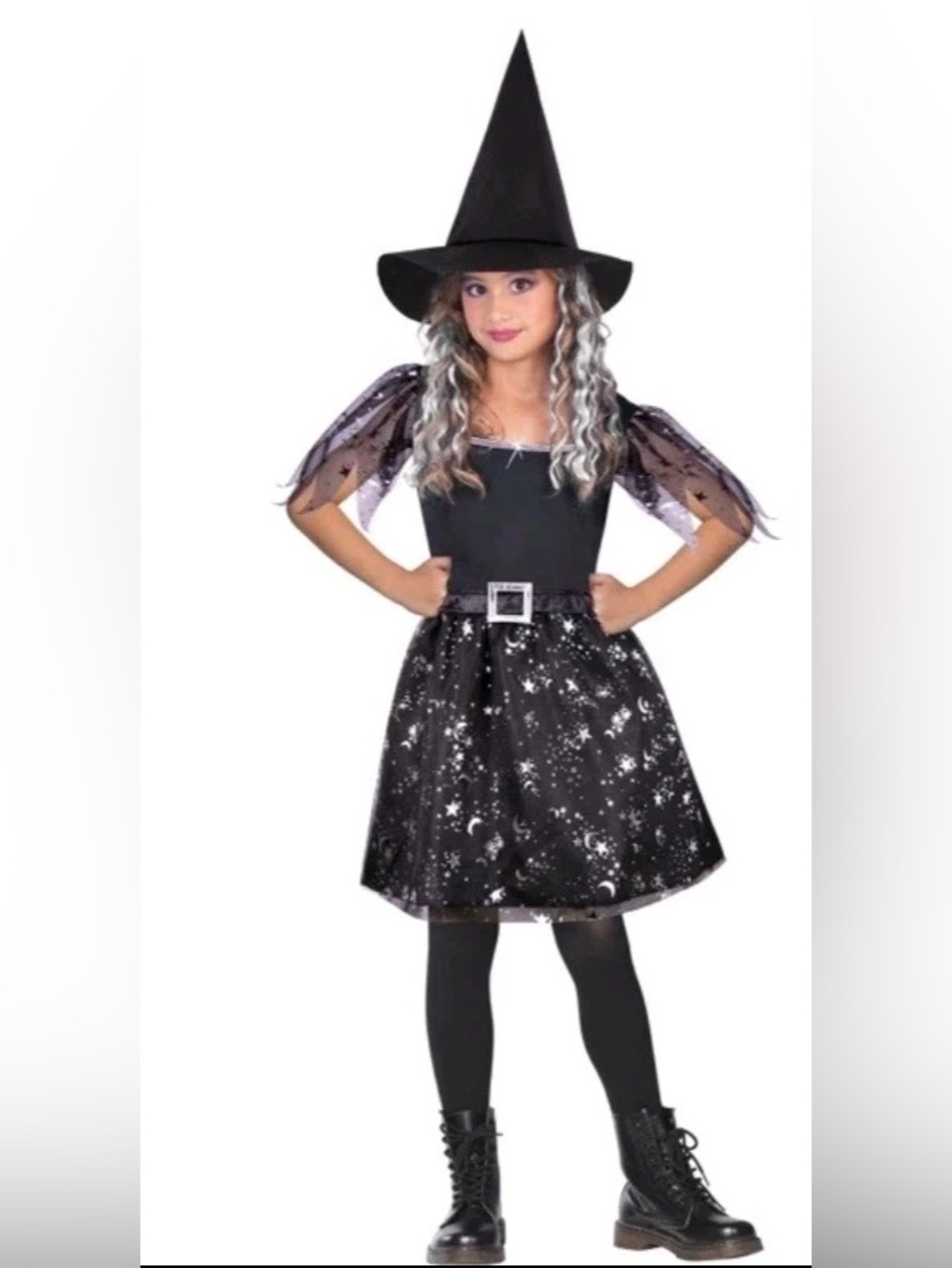 Children's Black Starry Witch Costume Dress with Hat